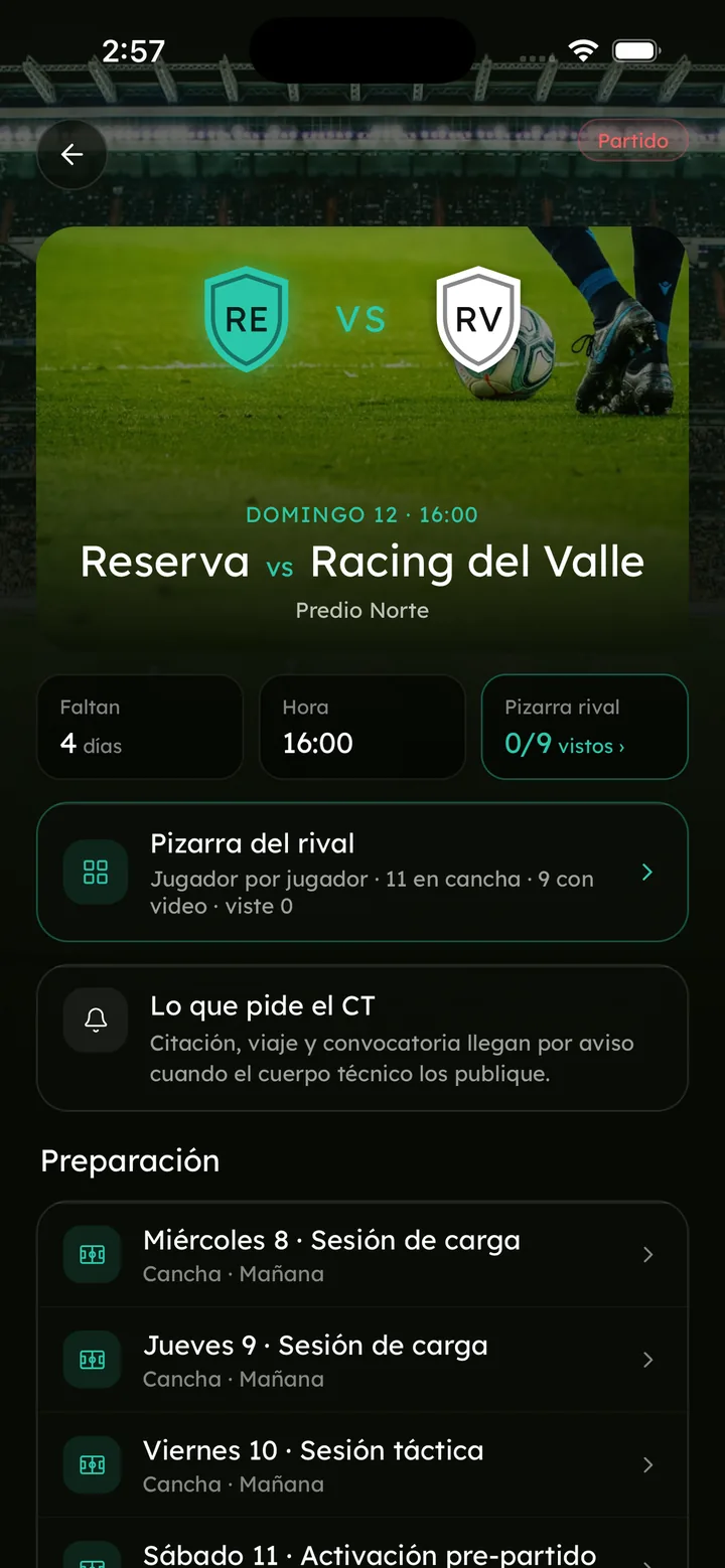 App del jugador: la pantalla del partido, con horario, sede y las sesiones de la semana