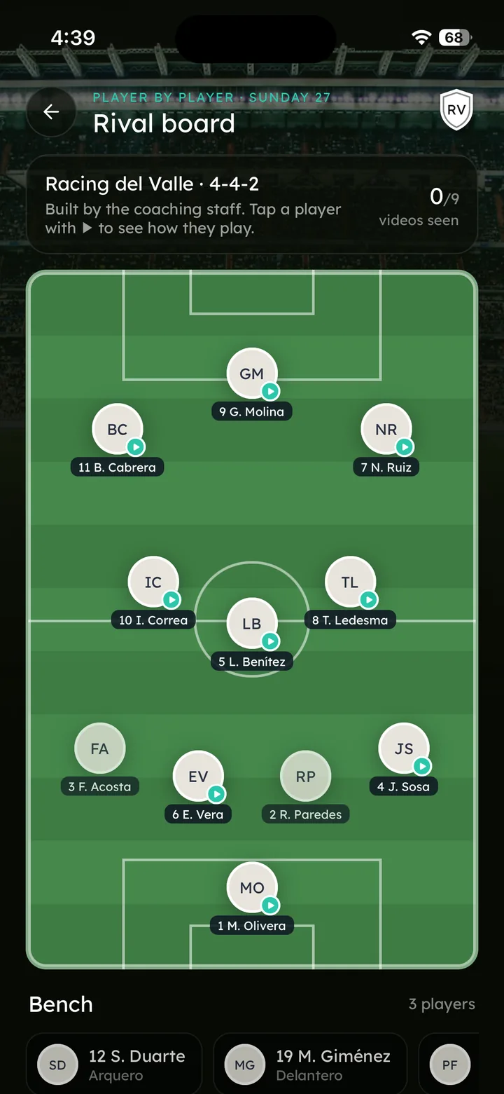 Player app: the rival's eleven on a board, with a video for each player