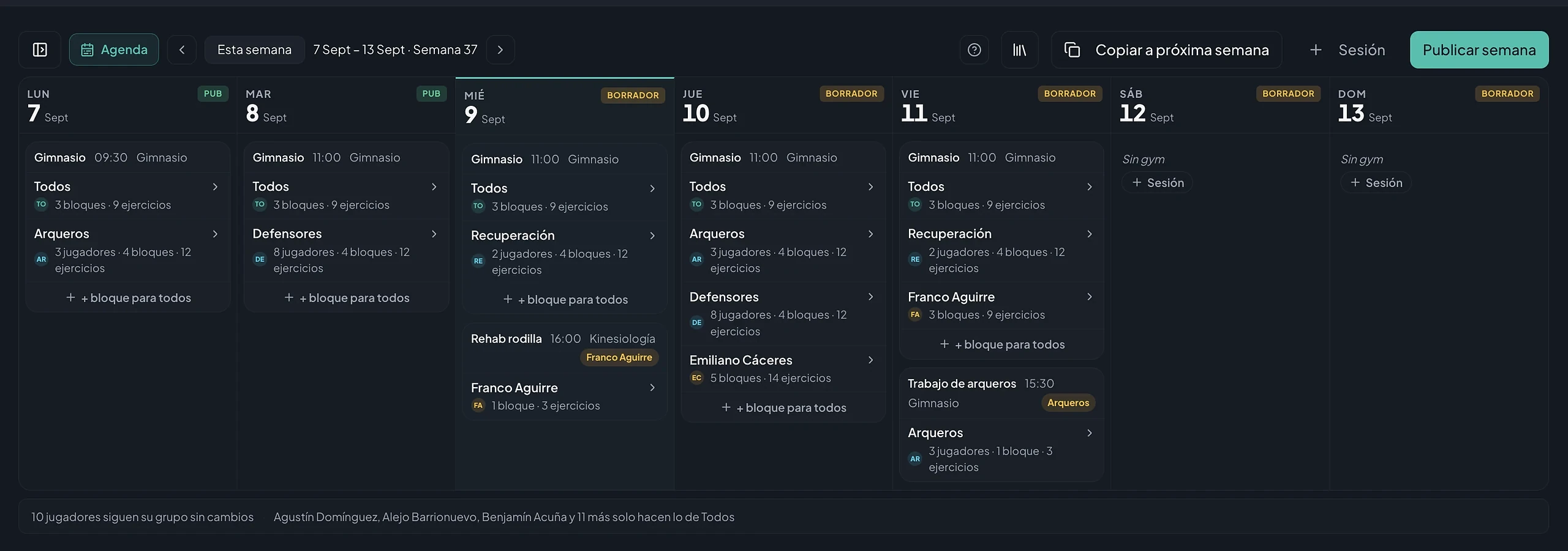Agenda de gimnasio de la semana